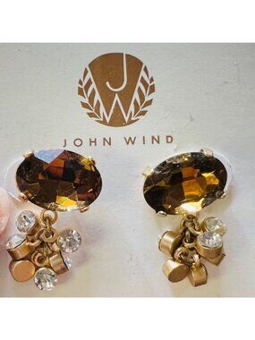 John Wind Earrings Amber Crystal Rhinestone Gold Tone Dangle Statement